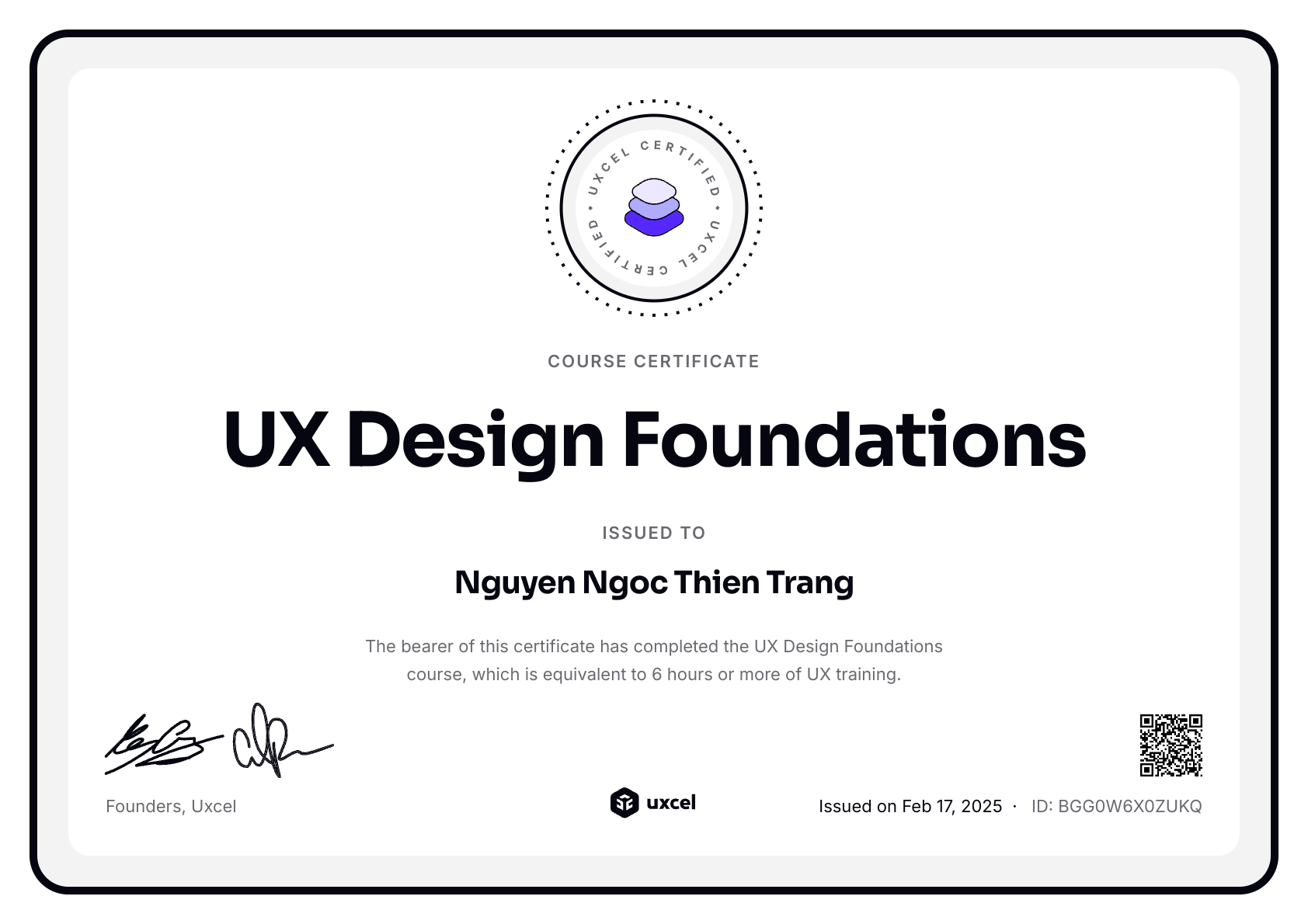 Nguyen Ngoc Thien Trang's certificate